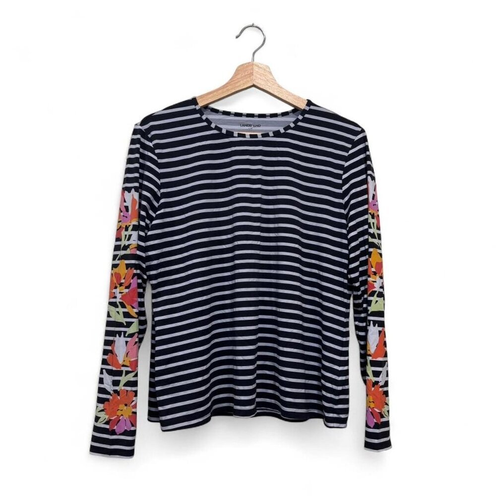 Lands’ End Black Long Sleeve Top Floral Stripe Detail Size Large